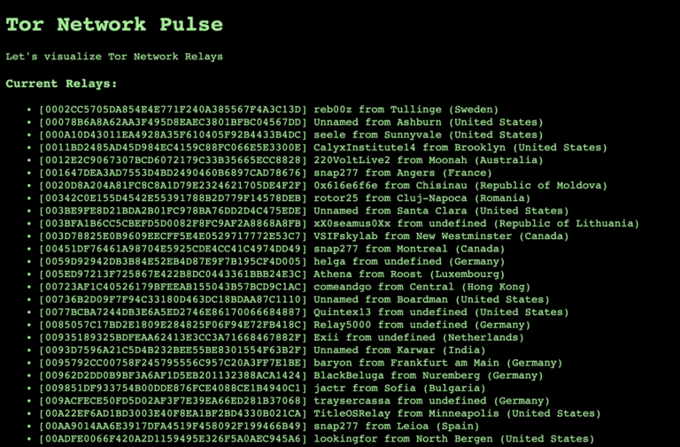 Captura de pantalla mostrando el resultado final con una lista completa de todas las IPs de salida de la red de Tor